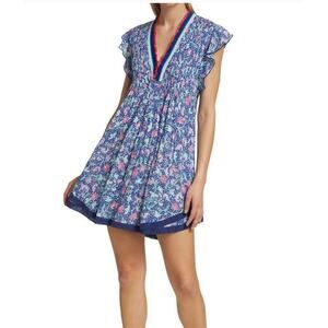 POUPETTE ST BARTH Sasha Floral Mini Dress Cover-Up Lace Fringe Blue XS